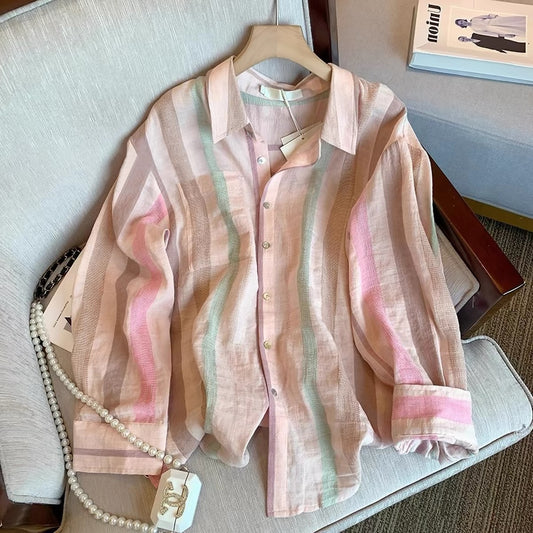 Women's "Dopamine-style" sweet pink striped long-sleeve shirt with a collar—a stylish, chic, single-breasted shirt-jacket perfect for spring and autumn.