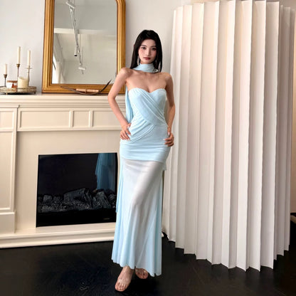 【JINGGUO Luxury】Niche Design, French Sexy Strapless Mesh Ribbon Dress 7392