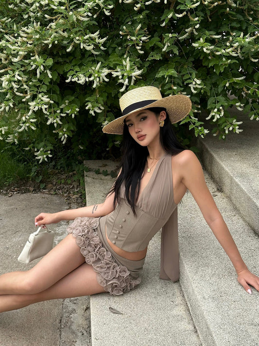 Rovente Giselle Khaki Halter Neck Fishbone Camisole Summer Sexy V-Neck Tank Top