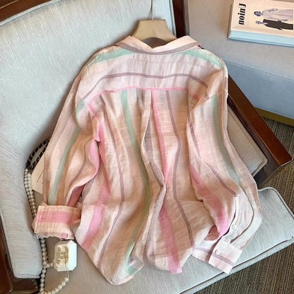 Women's "Dopamine-style" sweet pink striped long-sleeve shirt with a collar—a stylish, chic, single-breasted shirt-jacket perfect for spring and autumn.