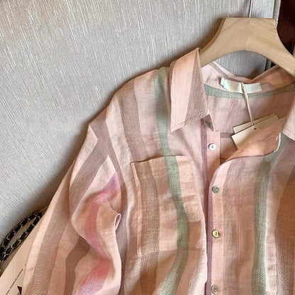 Women's "Dopamine-style" sweet pink striped long-sleeve shirt with a collar—a stylish, chic, single-breasted shirt-jacket perfect for spring and autumn.