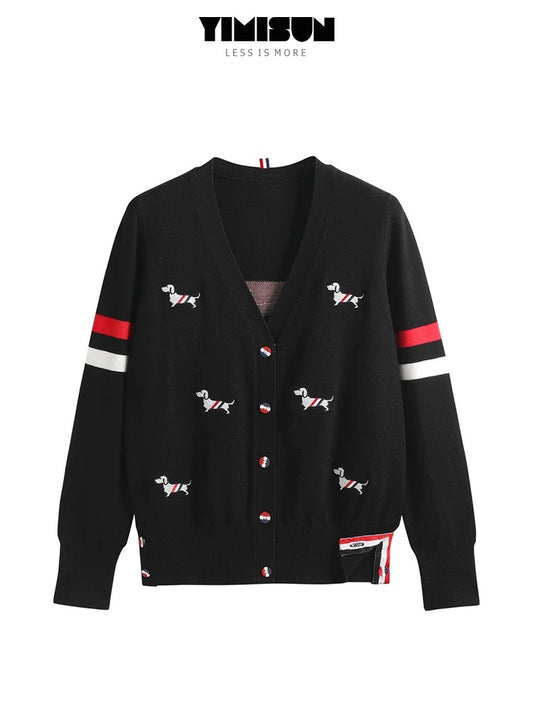YIMISUN heavy industry v-neck puppy embroidered sleeves contrasting striped knitted cardigan women's spring and autumn loose temperament jacket