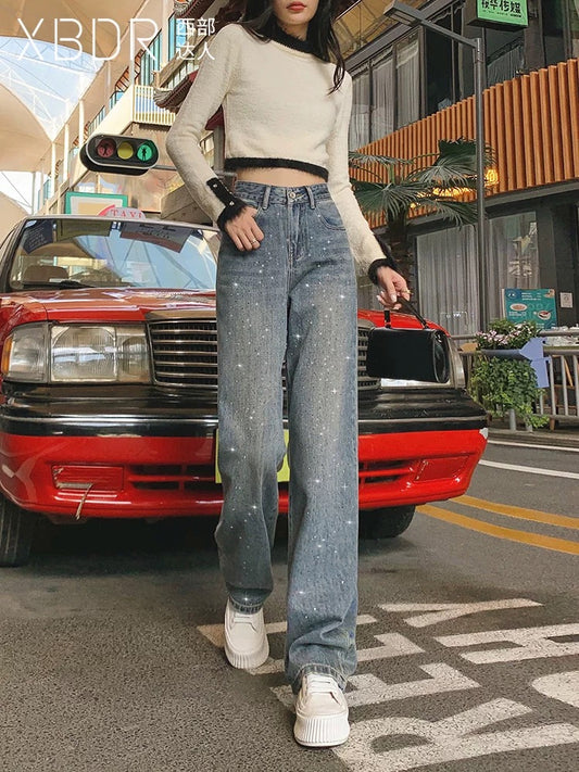 High-waist jeans women's wide-leg straight pants 2024 autumn and winter new loose hot diamond Hong Kong style retro floor-length trousers