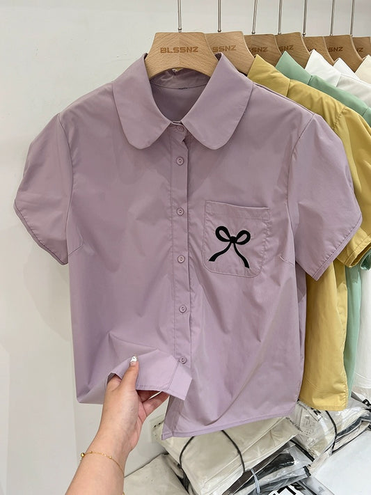 Purple bow right shoulder short-sleeved shirt for women summer design niche temperament shirt tops 2024 new style