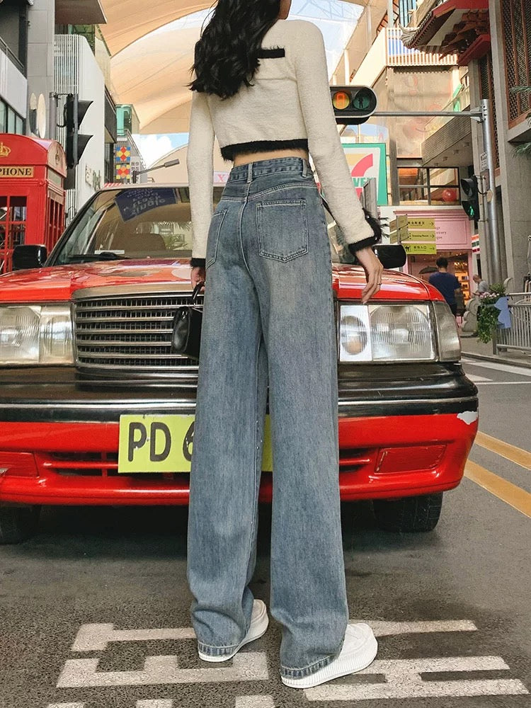 High-waist jeans women's wide-leg straight pants 2024 autumn and winter new loose hot diamond Hong Kong style retro floor-length trousers