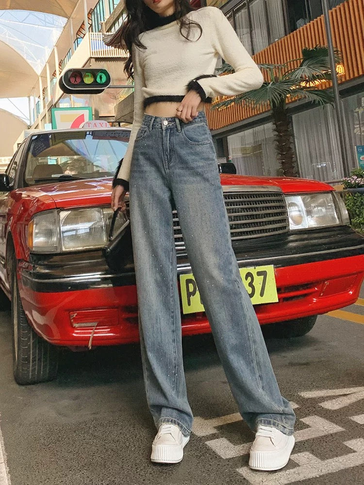 High-waist jeans women's wide-leg straight pants 2024 autumn and winter new loose hot diamond Hong Kong style retro floor-length trousers