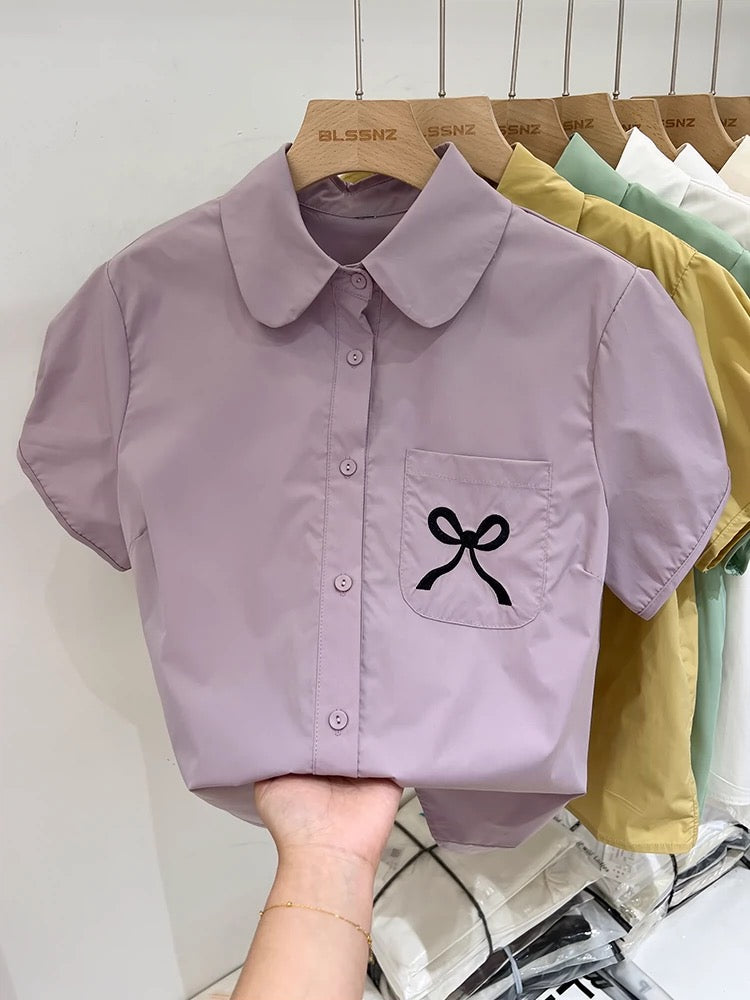 Purple bow right shoulder short-sleeved shirt for women summer design niche temperament shirt tops 2024 new style