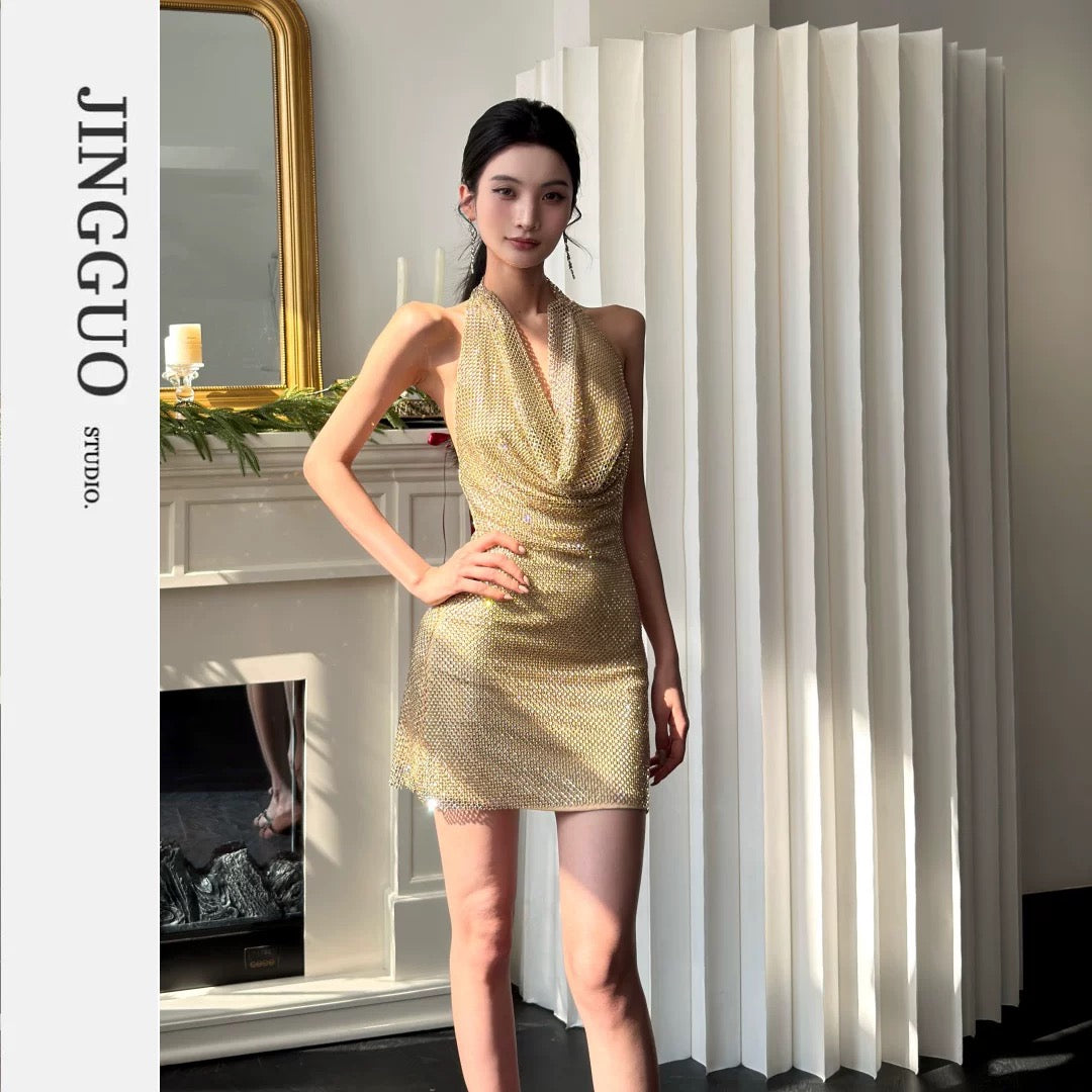 【JINGGUO Luxury】Design-conscious French-style high-end rhinestone halter neck sleeveless deep V-neck dress 7597