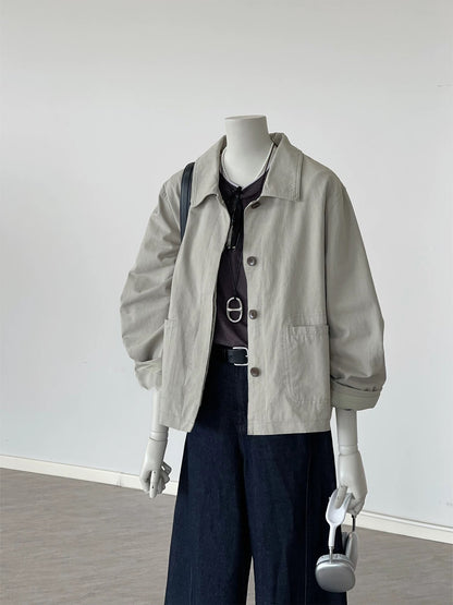 Recommended by CHAO! Autumn Breeze~ Smoke Gray Lapel Outdoor Casual All-match Small Windbreaker Jacket for Women