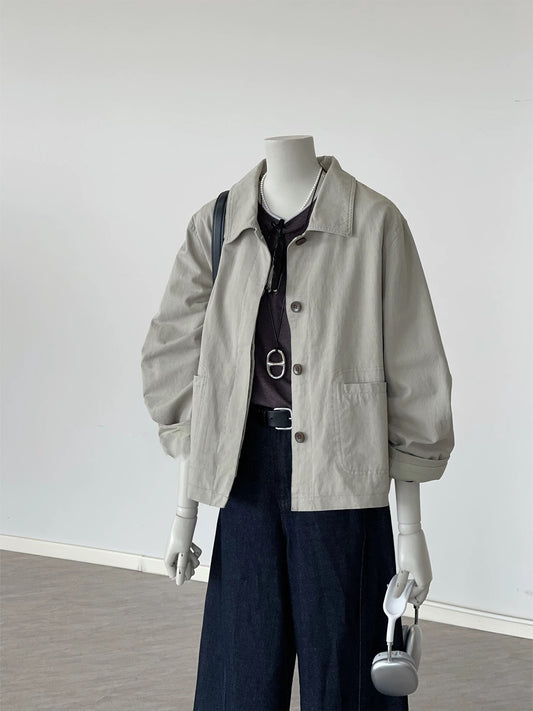 Recommended by CHAO! Autumn Breeze~ Smoke Gray Lapel Outdoor Casual All-match Small Windbreaker Jacket for Women
