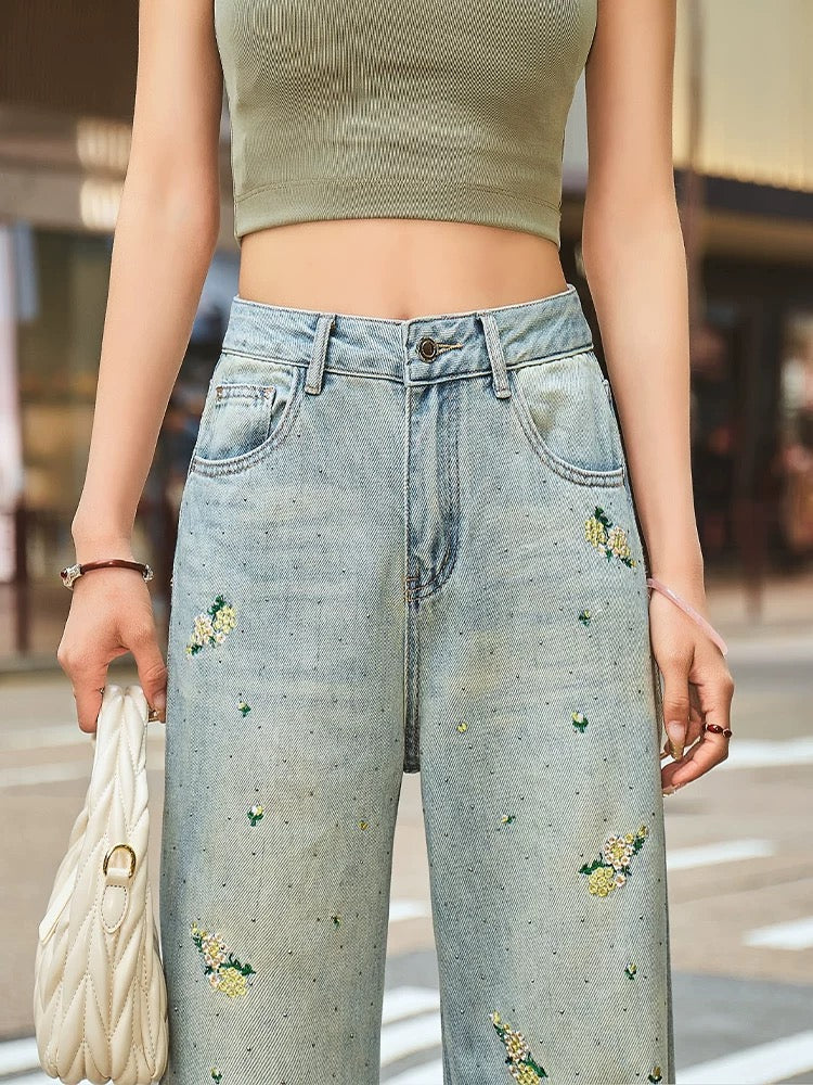 Light Color Nostalgic Hong Kong Style High Waist Jeans Women's Straight Leg Wide Leg Pants 2024 Autumn New Style Floor-Mopping Pants with Diamonds