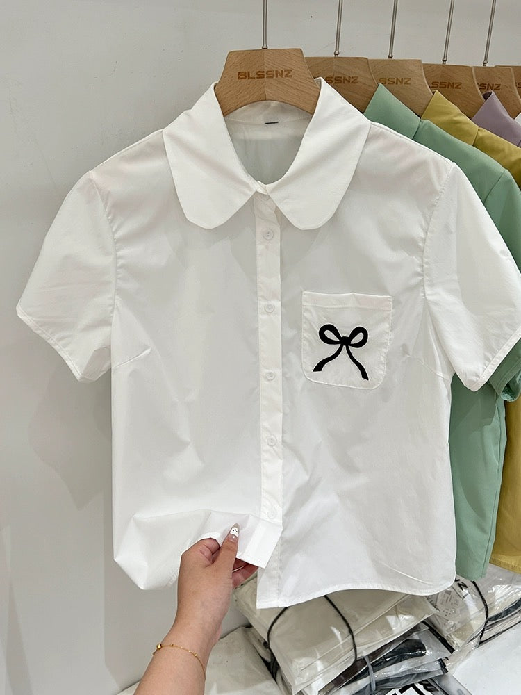 Purple bow right shoulder short-sleeved shirt for women summer design niche temperament shirt tops 2024 new style