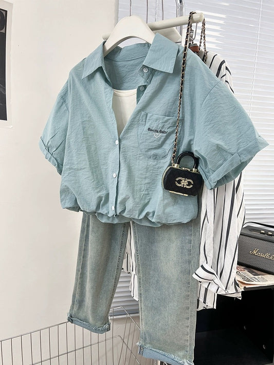 Lake blue fake two-piece smiley face embroidered right shoulder short-sleeved shirt for women summer design niche shirt short top