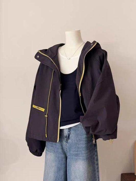 CHAO-level recommendation! New arrival for spring ~ Korean dark brown contrast workwear style hooded casual jacket