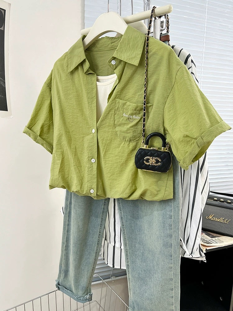 Lake blue fake two-piece smiley face embroidered right shoulder short-sleeved shirt for women summer design niche shirt short top