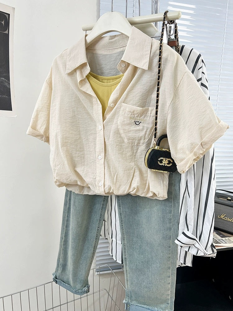 Lake blue fake two-piece smiley face embroidered right shoulder short-sleeved shirt for women summer design niche shirt short top