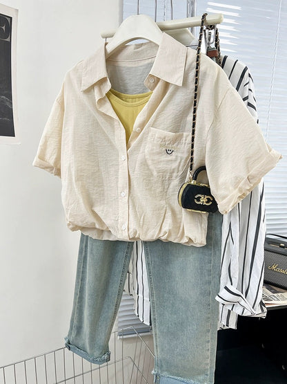 Lake blue fake two-piece smiley face embroidered right shoulder short-sleeved shirt for women summer design niche shirt short top