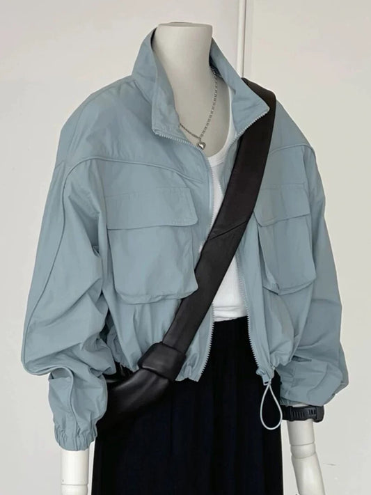 CHAO-level recommendation! Korean blue double-pocket jacket for women with design and drawstrings on both sides, versatile jacket