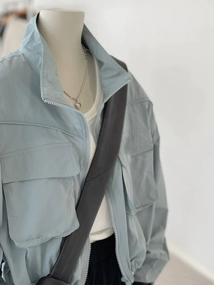 CHAO-level recommendation! Korean blue double-pocket jacket for women with design and drawstrings on both sides, versatile jacket