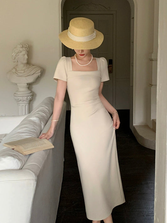 Guoge's 2024 summer new square-neck dress, high-end waist-slimming, slimming and elegant goddess style long skirt