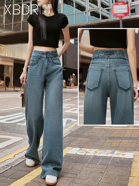 2025 Spring New Blue Loose High Waisted Straight Leg Wide Leg Jeans Women's Drapey Slim High-End Hong Kong Style Trousers