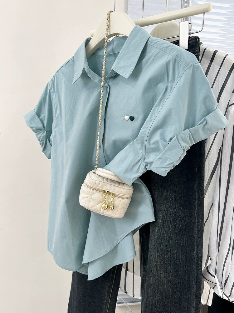 Blue love embroidered right shoulder short-sleeved shirt for women, summer design, niche, small, high-end shirt top