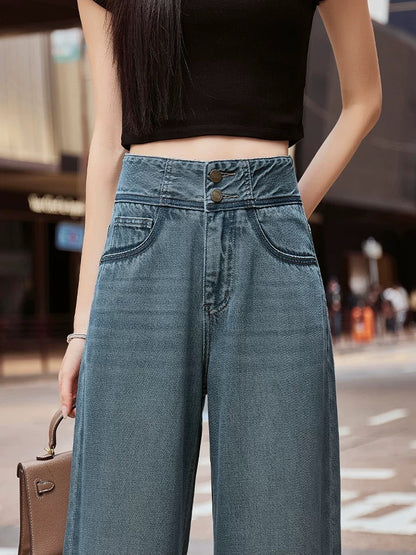 2025 Spring New Blue Loose High Waisted Straight Leg Wide Leg Jeans Women's Drapey Slim High-End Hong Kong Style Trousers
