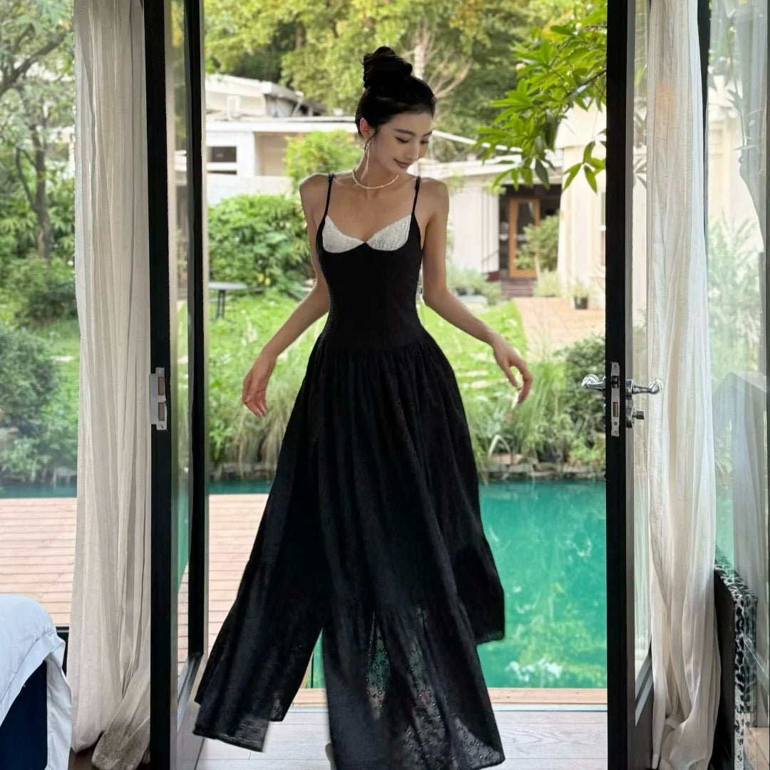 【JINGGUO Luxury】Unique Design: French Lace Trim Elegant Slim Fit Spaghetti Strap Dress 7432