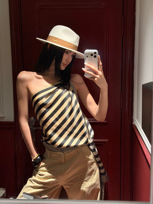 Rovente Chillaax Striped Ribbon Off-Shoulder Vest for Women, Sexy Design, Slim Fit, Sleeveless Top