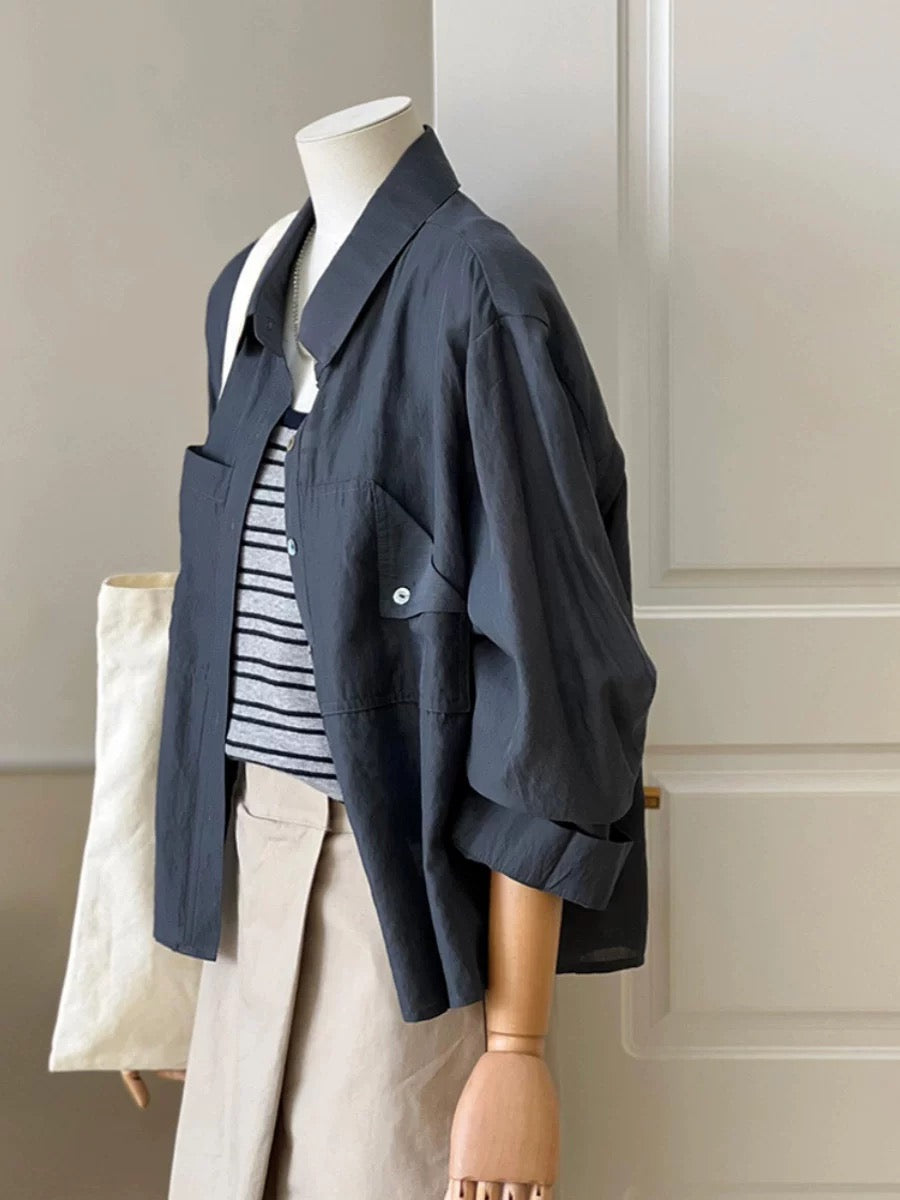 CHAO-level recommendation! Minimalist style ~ French atmosphere navy blue linen shirt women's fashionable and comfortable shirt