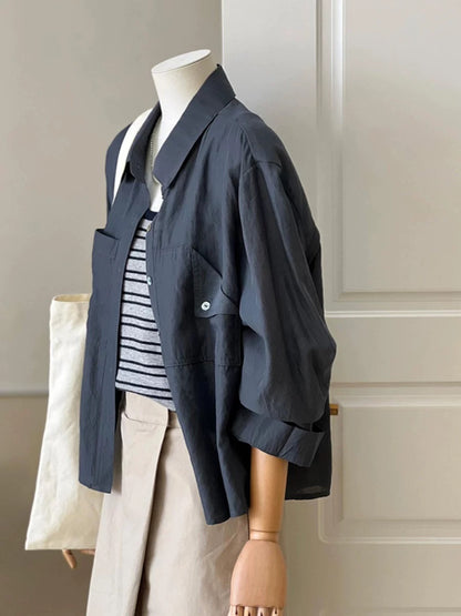 CHAO-level recommendation! Minimalist style ~ French atmosphere navy blue linen shirt women's fashionable and comfortable shirt