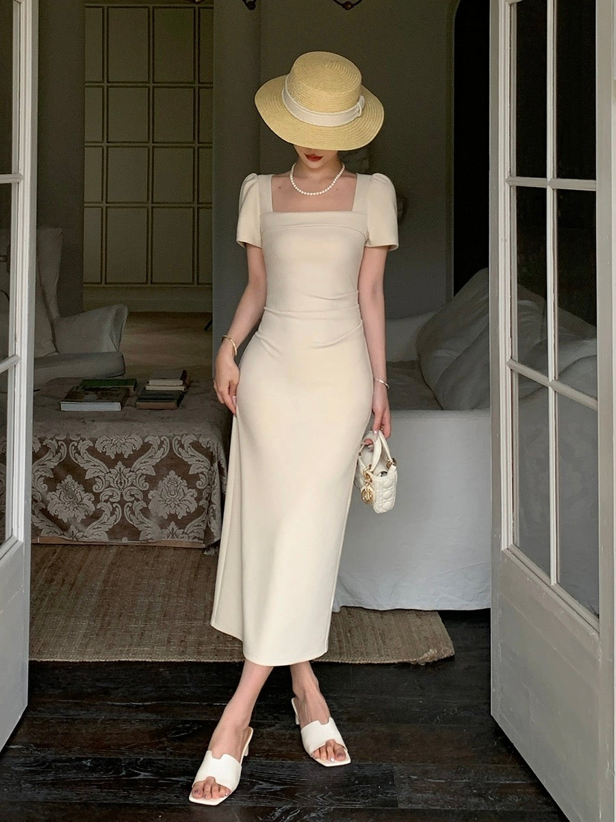 Guoge's 2024 summer new square-neck dress, high-end waist-slimming, slimming and elegant goddess style long skirt