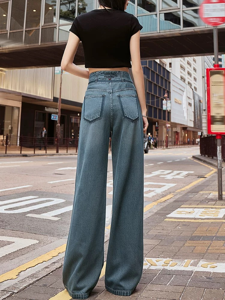 2025 Spring New Blue Loose High Waisted Straight Leg Wide Leg Jeans Women's Drapey Slim High-End Hong Kong Style Trousers