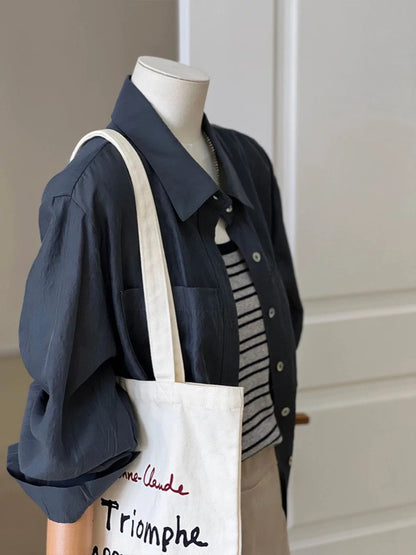 CHAO-level recommendation! Minimalist style ~ French atmosphere navy blue linen shirt women's fashionable and comfortable shirt