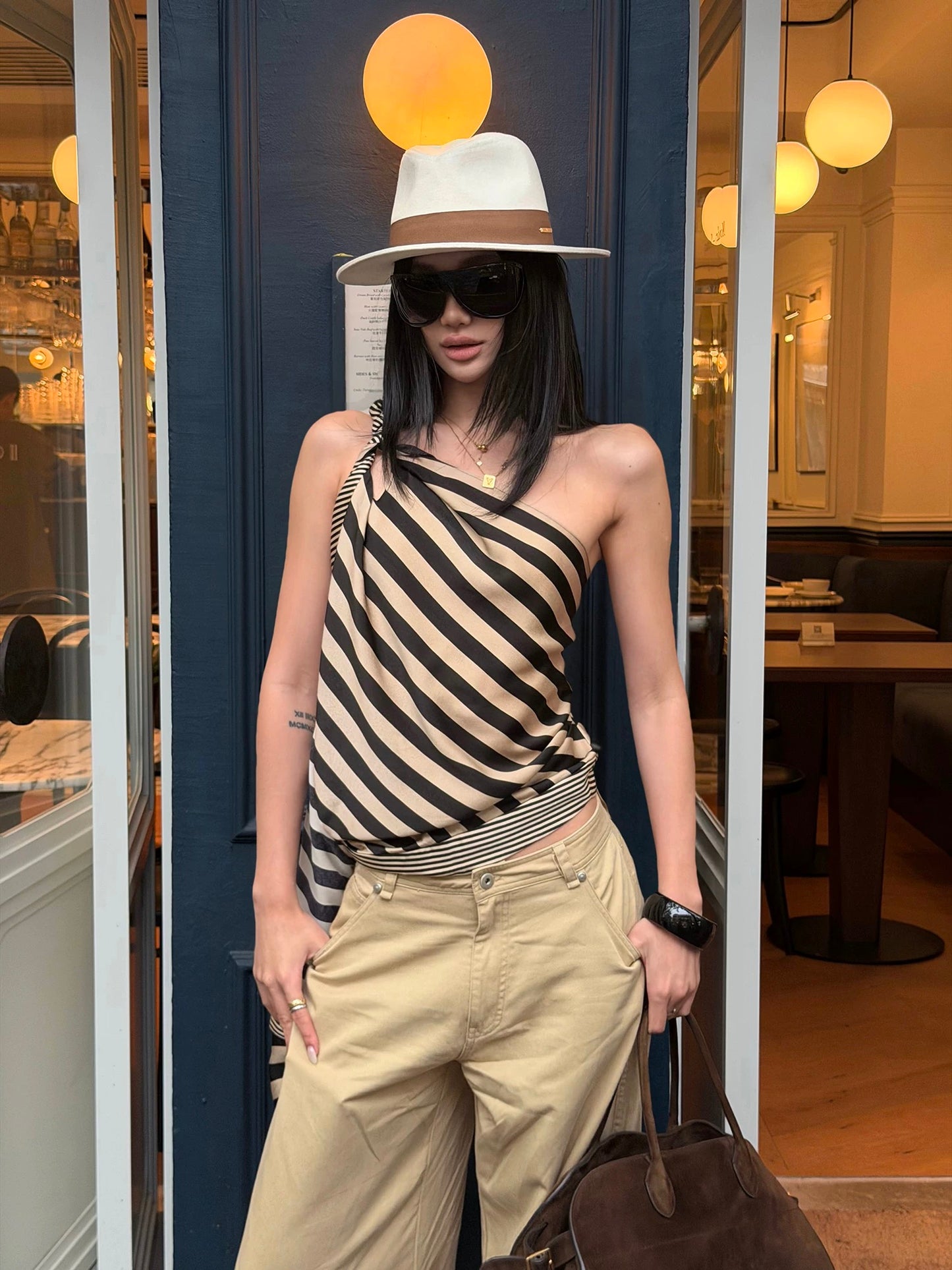 Rovente Chillaax Striped Ribbon Off-Shoulder Vest for Women, Sexy Design, Slim Fit, Sleeveless Top