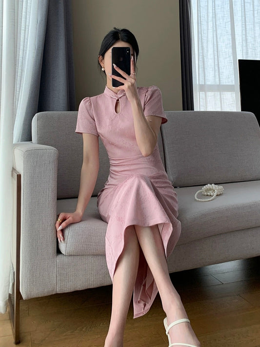 Guoge's 2024 summer new pink new Chinese style dress for women, beautiful temperament, slimming jacquard improved cheongsam