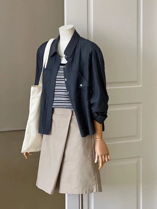 CHAO-level recommendation! Minimalist style ~ French atmosphere navy blue linen shirt women's fashionable and comfortable shirt