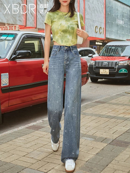 Retro blue high waist straight wide leg jeans for women with diamonds 2024 autumn new trendy brand fashion loose drape