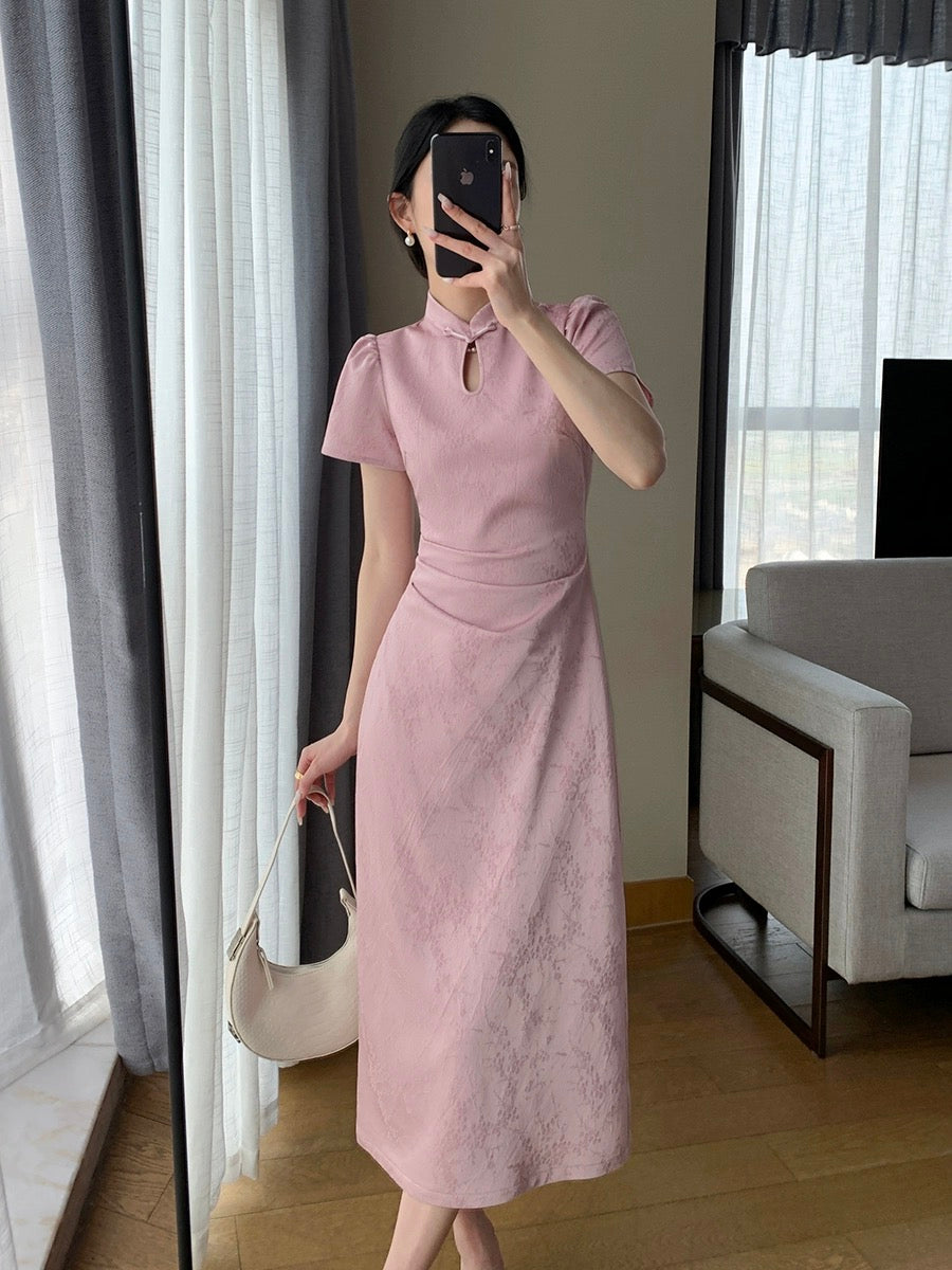 Guoge's 2024 summer new pink new Chinese style dress for women, beautiful temperament, slimming jacquard improved cheongsam