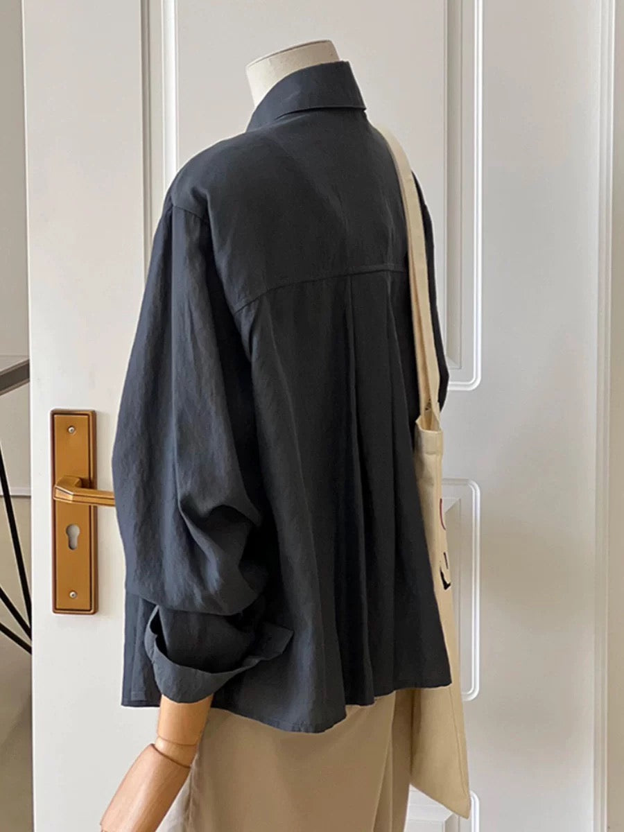 CHAO-level recommendation! Minimalist style ~ French atmosphere navy blue linen shirt women's fashionable and comfortable shirt