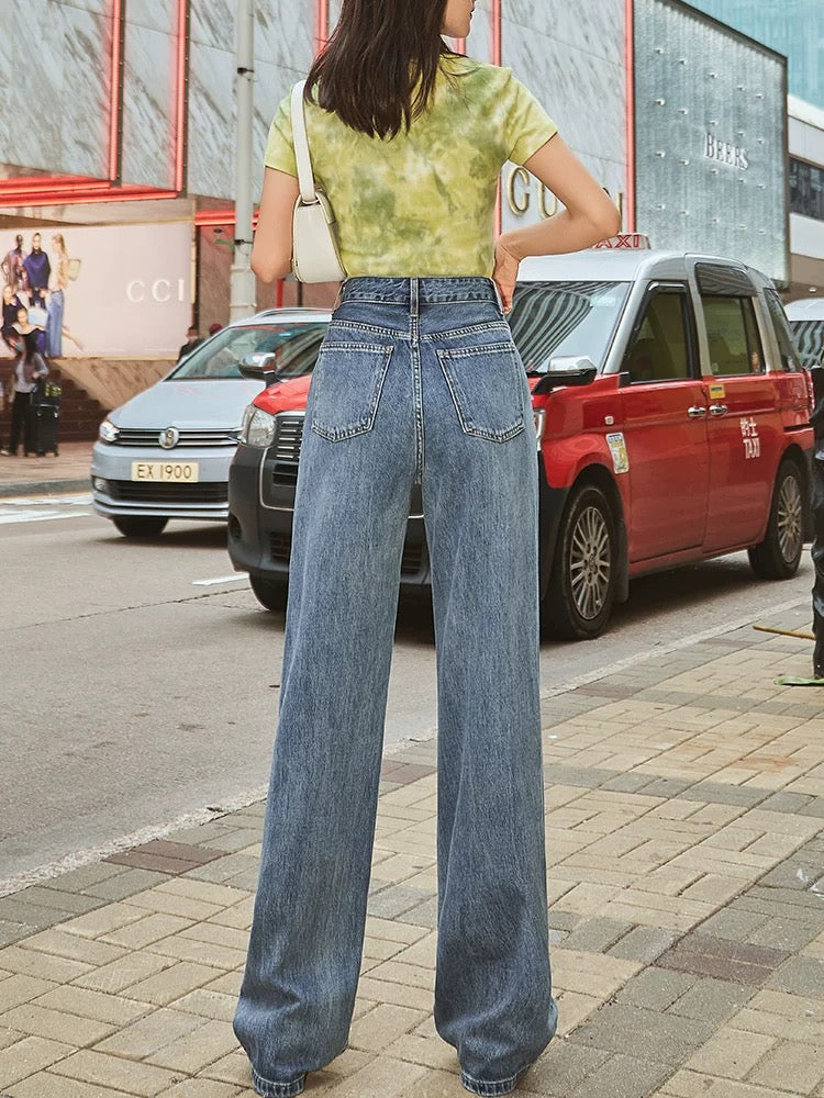 Retro blue high waist straight wide leg jeans for women with diamonds 2024 autumn new trendy brand fashion loose drape