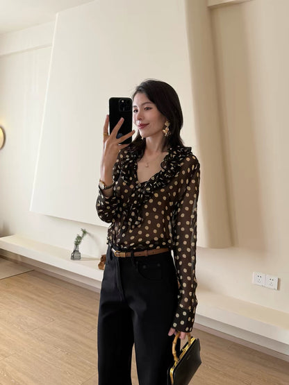 Women's Elegant Polka-Dot Long-Sleeve V-Neck Blouse with Ruffle Trim – Versatile, Chic Style for Work or Casual Wear