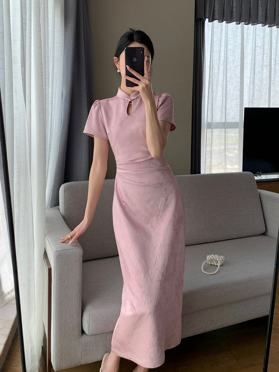 Guoge's 2024 summer new pink new Chinese style dress for women, beautiful temperament, slimming jacquard improved cheongsam