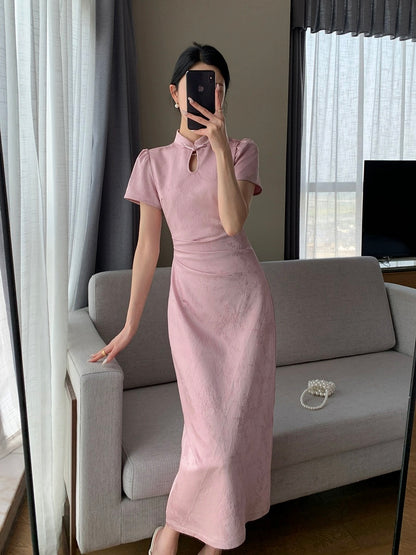 Guoge's 2024 summer new pink new Chinese style dress for women, beautiful temperament, slimming jacquard improved cheongsam