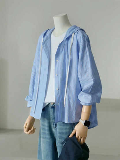 CHAO-level recommendation! Refreshing youth feeling ~ Korean style refreshing blue striped shirt women's summer hooded sun protection clothing