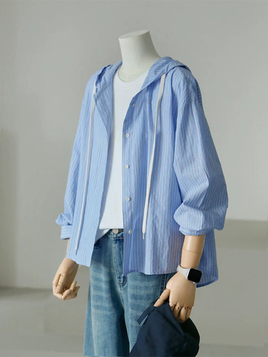CHAO-level recommendation! Refreshing youth feeling ~ Korean style refreshing blue striped shirt women's summer hooded sun protection clothing