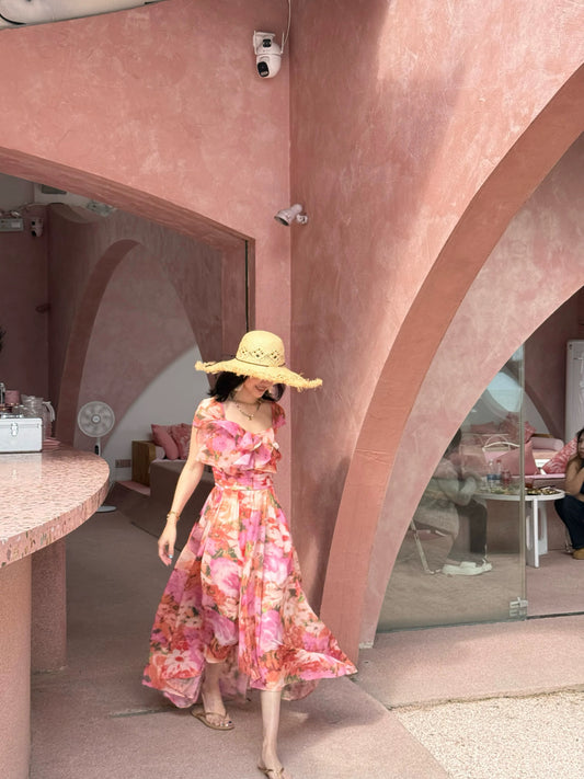 Wu Lingling [Summer Fragrance] French Floral Square Neck Elegant Dress Retro Waist-cinching Skirt