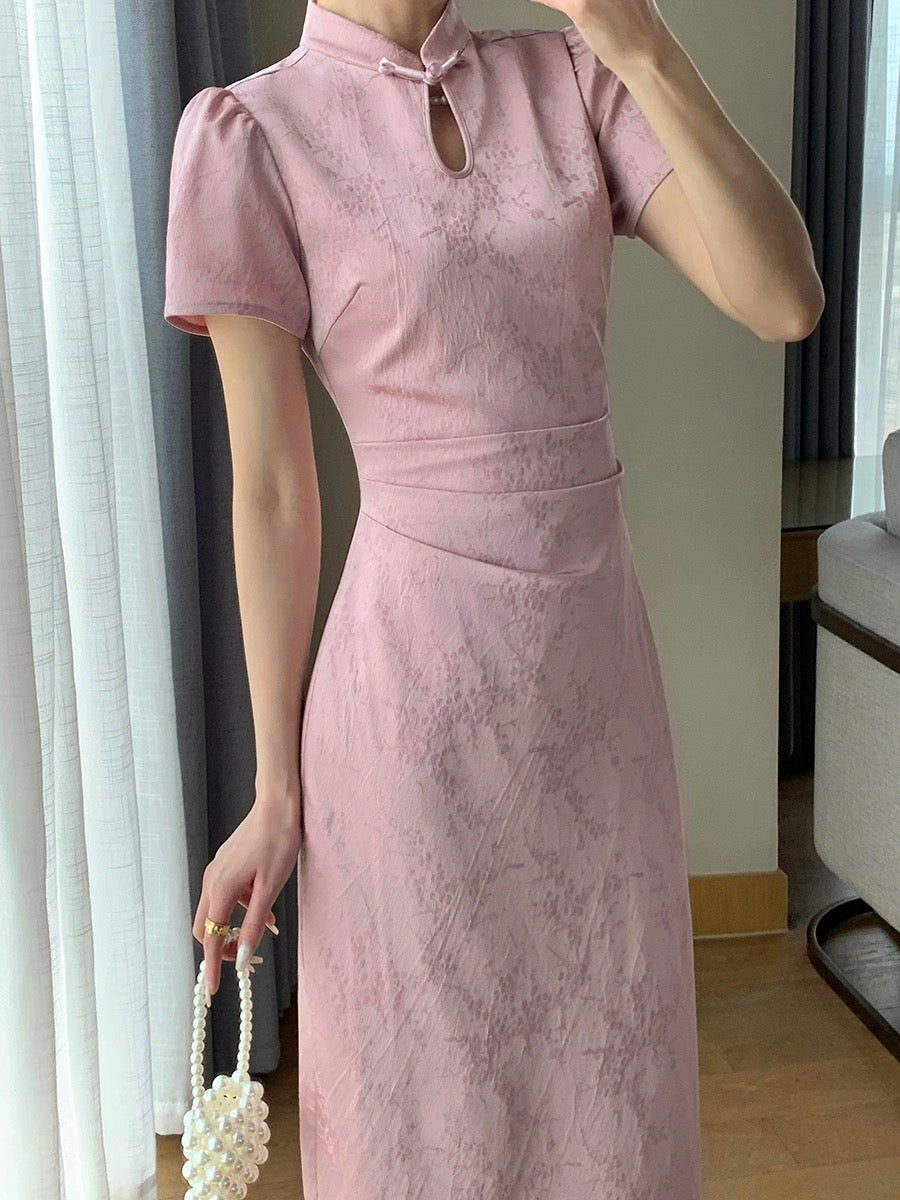 Guoge's 2024 summer new pink new Chinese style dress for women, beautiful temperament, slimming jacquard improved cheongsam