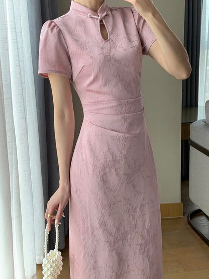 Guoge's 2024 summer new pink new Chinese style dress for women, beautiful temperament, slimming jacquard improved cheongsam