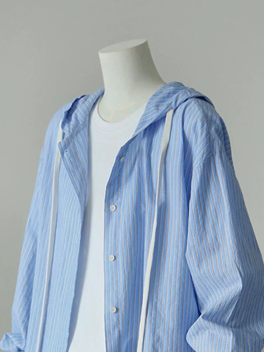 CHAO-level recommendation! Refreshing youth feeling ~ Korean style refreshing blue striped shirt women's summer hooded sun protection clothing